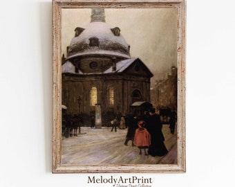 Vintage Winter Village Art Print, Christmas Scene (Digital Art)