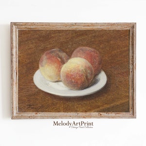 Peach Still Life Print | Vintage Rustic Kitchen Decor | Country Fruit Painting PRINTABLE