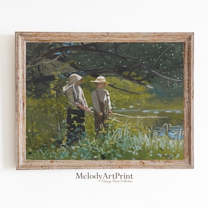 Vintage Fishing Painting: Boy and Girl, Cabin Lake Art (Printable Art)