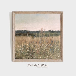 Square Printable Wildflower Field Landscape Oil Painting, Vintage Landscape Square Print, Country Field Square Wall Art Digital Download