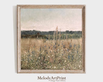 Square Printable Wildflower Field Landscape Oil Painting, Vintage Landscape Square Print, Country Field Square Wall Art Digital Download