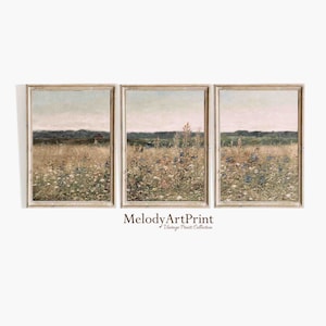 Wildflower Field Set of 3 Prints Vintage Wall Art, Country 3 Pieces, Landscape Painting, Neutral Split Print, Farmhouse Decor, Printable Art