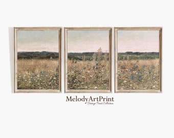 Wildflower Field Set of 3 Prints Vintage Wall Art, Country 3 Pieces, Landscape Painting, Neutral Split Print, Farmhouse Decor, Printable Art
