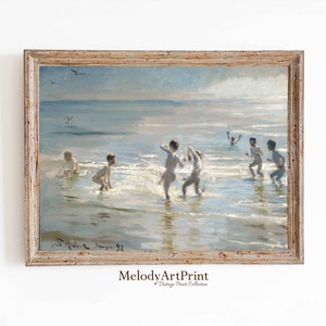 Niños vintage en la playa / Arte de pared vintage para guardería / Decoración vintage para habitación de niños / Escena de juego en la playa de verano / Arte de pared para habitación infantil costera IMPRIMIBLE