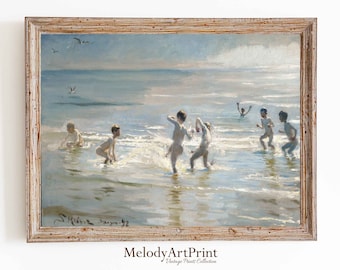 Vintage Boys at Beach Painting | 19th Century Coastal Art (Digital Download)