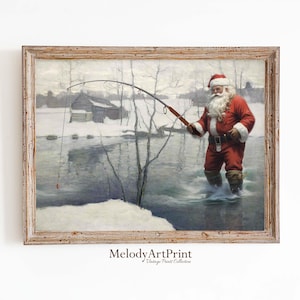 Papá Noel pescando Navidad retro Decoración navideña ingeniosa Arte alterado de vacaciones Arte de pared navideño imprimible Impresión navideña de temporada Arte imprimible de Papá Noel