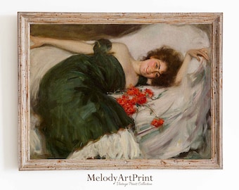 Grabado vintage de retrato femenino: Dama reclinada con flores, siglo XIX (descarga digital)