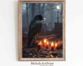 Raven in Dark Forest Art Print, Gothic Cottagecore Decor (Digital Download)