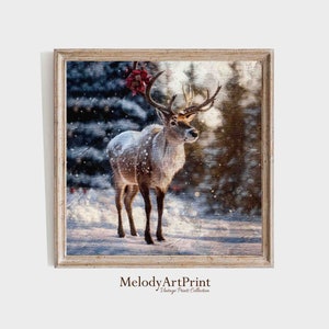 Christmas Wall Decor Printable Rudolph Painting, Rustic Christmas Art, Printable Square Xmas Decor-Print, Vintage Xmas Holiday Art Print