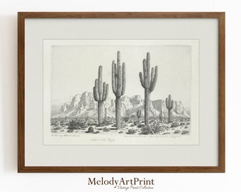 Arizona Desert Print, Southwestern Wall Art, Vintage Sketch Desert Landscape Print, Printable Art, Wilderness Poster, Digital Download