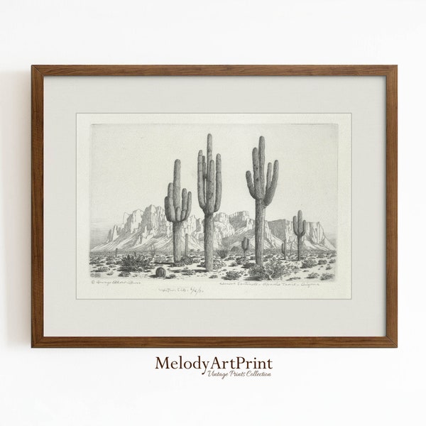 Arizona Desert Print, Southwestern Wall Art, Vintage Sketch Desert Landscape Print, Printable Art, Wilderness Poster, Digital Download