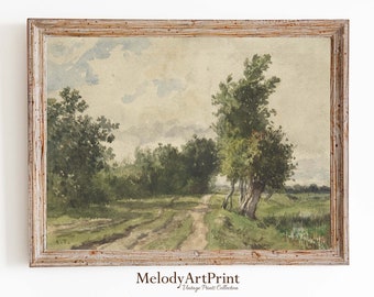 Vintage Country Road Oil Painting Print: Rustic Farmhouse Landscape (Digital Download)