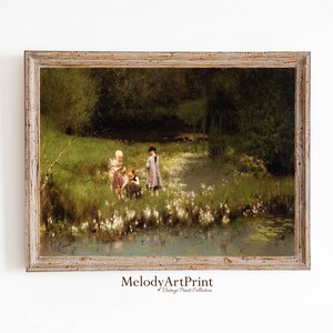 Nursery Art Meadow Vintage Landscape Painting PRINTABLE | Soft Green Pastel Kids Room Decor | Farmhouse Digital Download