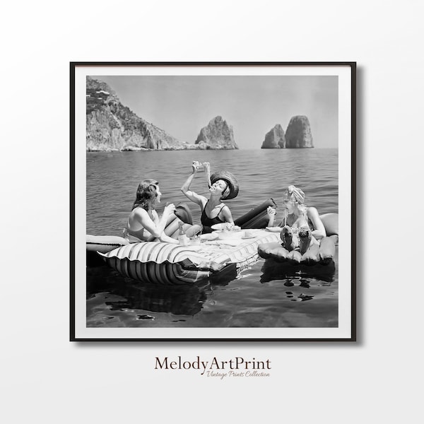 Vintage Women Eating Pasta on Lake Wall Art, Black and White Photography (Digital Download)