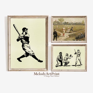 Set of 3 Printable Baseball Wall Art, Vintage Baseball Player Prints, Boys Room Sports Decor, Digital Download, Retro Sports Paintings