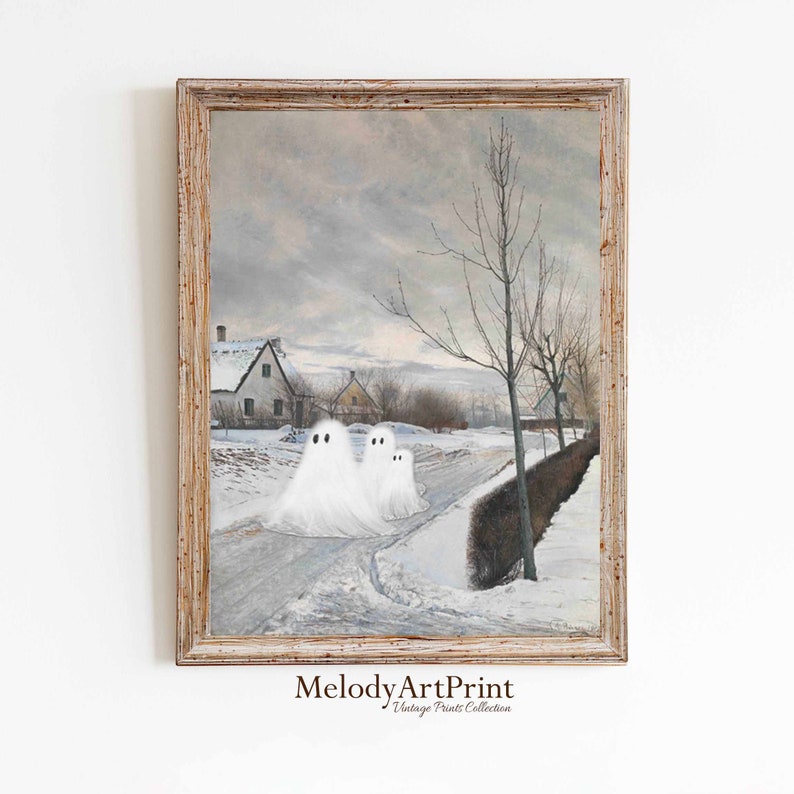 Set of 5 Paintings With Sweet Cute Ghosts in Vintage Printable Altered