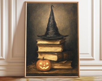 Impression d'art chapeau de sorcière et citrouille - décoration murale Halloween Wicked vintage, téléchargement numérique imprimable