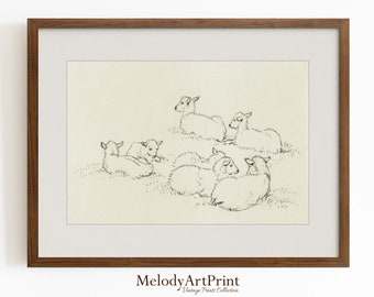 Nursery Sheep Sketch PRINTABLE Art in Neutral Tones | Vintage Farmhouse Decor Print | Digital Download