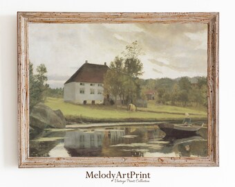 Vintage Cottage Lake Print: Muted Boho Landscape (Digital Download