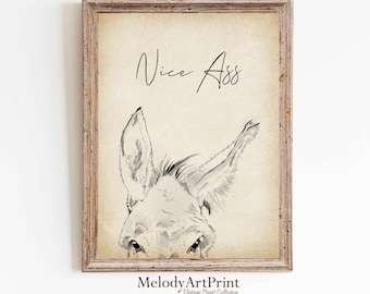 Nice Ass Funny Donkey Bathroom Art Print: Vintage Wall Decor, Toilet Poster (Digital Download)