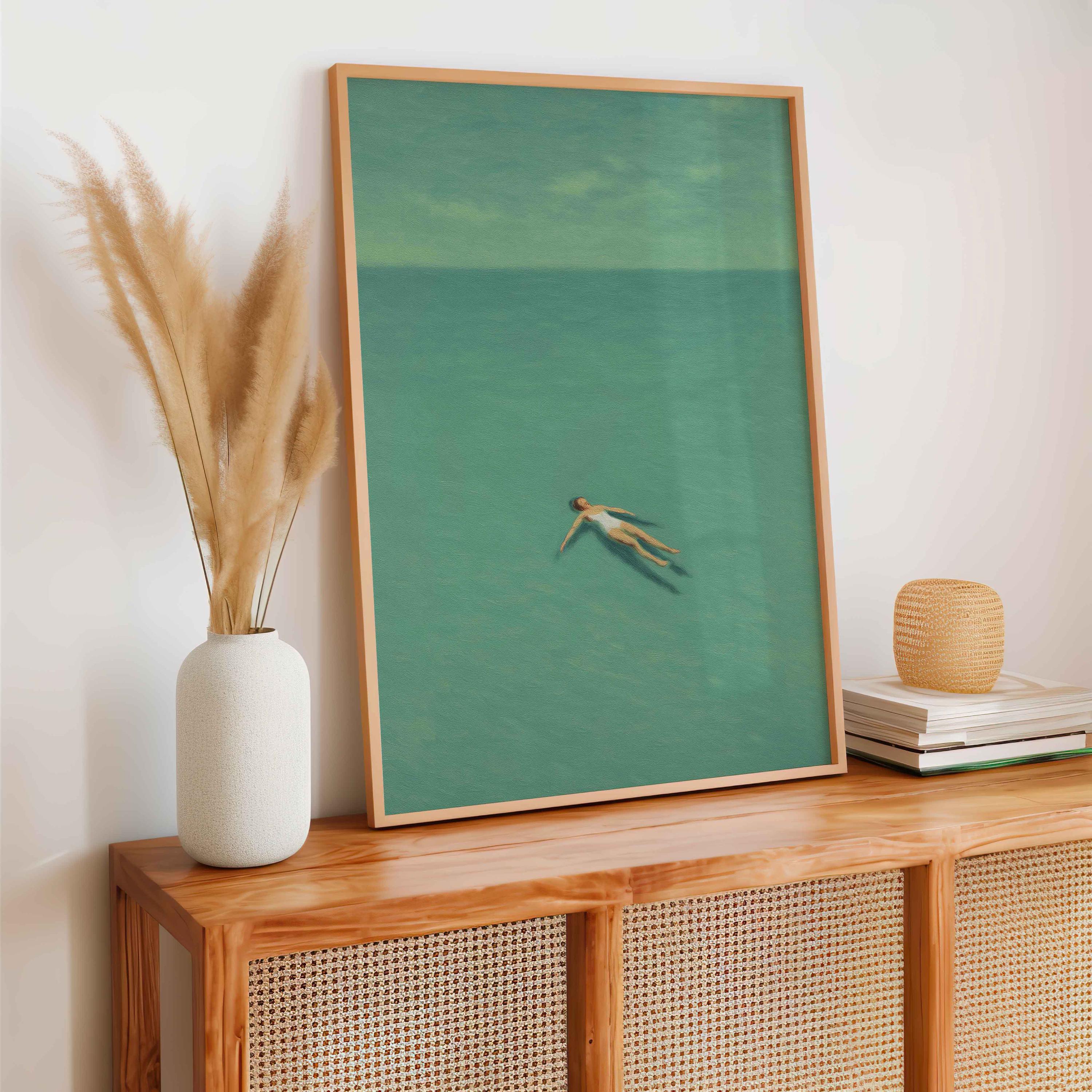 Green Abstract Swimmer Art Print: Minimalist Sea Scene (digital ...