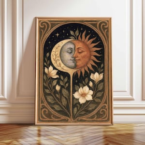Boho Sun and Moon Lotus Flower Print: Spiritual Celestial Wall Art (Digital Download)