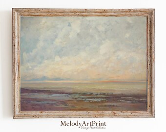 Pintura de amanecer, pintura de paisaje marino, paisaje de playa, decoración costera, impresión vintage