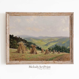 Hay Field Farmhouse Vintage Painting | Hay Bales Print Download | Tonal Autumn Landscape Art Print | Digital PRINTABLE