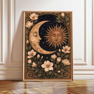 Impression céleste soleil lune étoile : art astrologique folklorique bohème (téléchargement numérique)