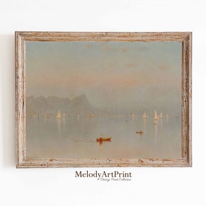 Coastal Farmhouse Decor, Vintage Seaside Painting, Digital Printable, Rustic Coastal Print, Coastal Tonal Wall Art, Soft Muted Landscape Art