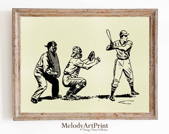 May include: Black and white illustration of a baseball game. A batter swings at a pitch, a catcher crouches behind home plate, and an umpire stands behind the catcher.