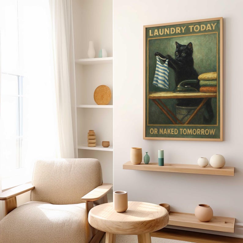 May include: A framed print featuring a black cat holding a striped shirt above an ironing board. The text reads "LAUNDRY TODAY OR NAKED TOMORROW". The artwork has a vintage aesthetic, with a green and brown color palette. The print is displayed in a living room setting.