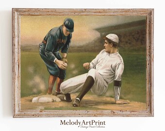 Może przedstawiać: Winietkowa ilustracja dwóch graczy baseballowych w akcji. Jeden z graczy ma na sobie niebieski uniform z napisem "CLIMAX" z przodu, podczas gdy drugi gracz ma na sobie biały uniform. Gracze znajdują się na boisku baseballowym z zieloną trawą i ziemnym infieldem.