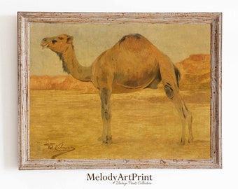 Vintage Camel Landscape Painting, Desert Wall Art (Digital Download)
