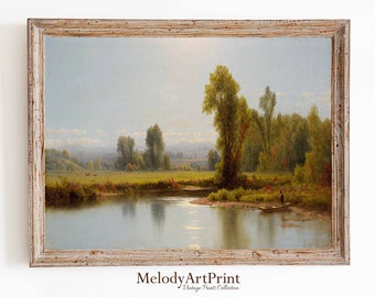Peinture vintage de paysage de lac : paysage de campagne rustique (impression numérique)