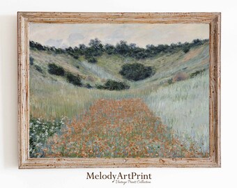 Pintura vintage de um prado florido, arte imprimível de paisagem de primavera (download digital)