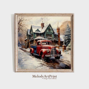 Square Christmas Red farm Truck and Barn Print, Vintage Classic Red Truck, Farmhouse Wall Art Square Printable, Cottagecore Decor Digital