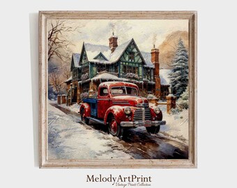 May include: A vintage red pickup truck drives down a snowy road in front of a snow-covered house. The house has a green door and white trim. The truck has a wooden bed and a chrome bumper.