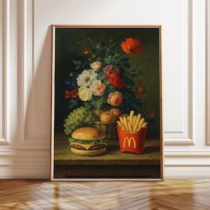 Vintage Fast Food Still Life, Cheeseburger & Fries Wall Art, Funny Kitchen Decor, Floral Retro Painting, Printable Digital Download
