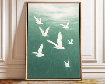 Seagull Wall Art Print: Japandi Coastal Green Abstract (Digital Download)