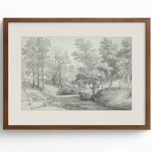 Wald Fluss Vintage Skizze Wand Kunst Natur, Landschaft Zeichnung, Wand Kunst grau, printable digitaler Download