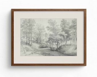 Vintage Forest Landscape Sketch Print, 19th Century Art (Digital Download)