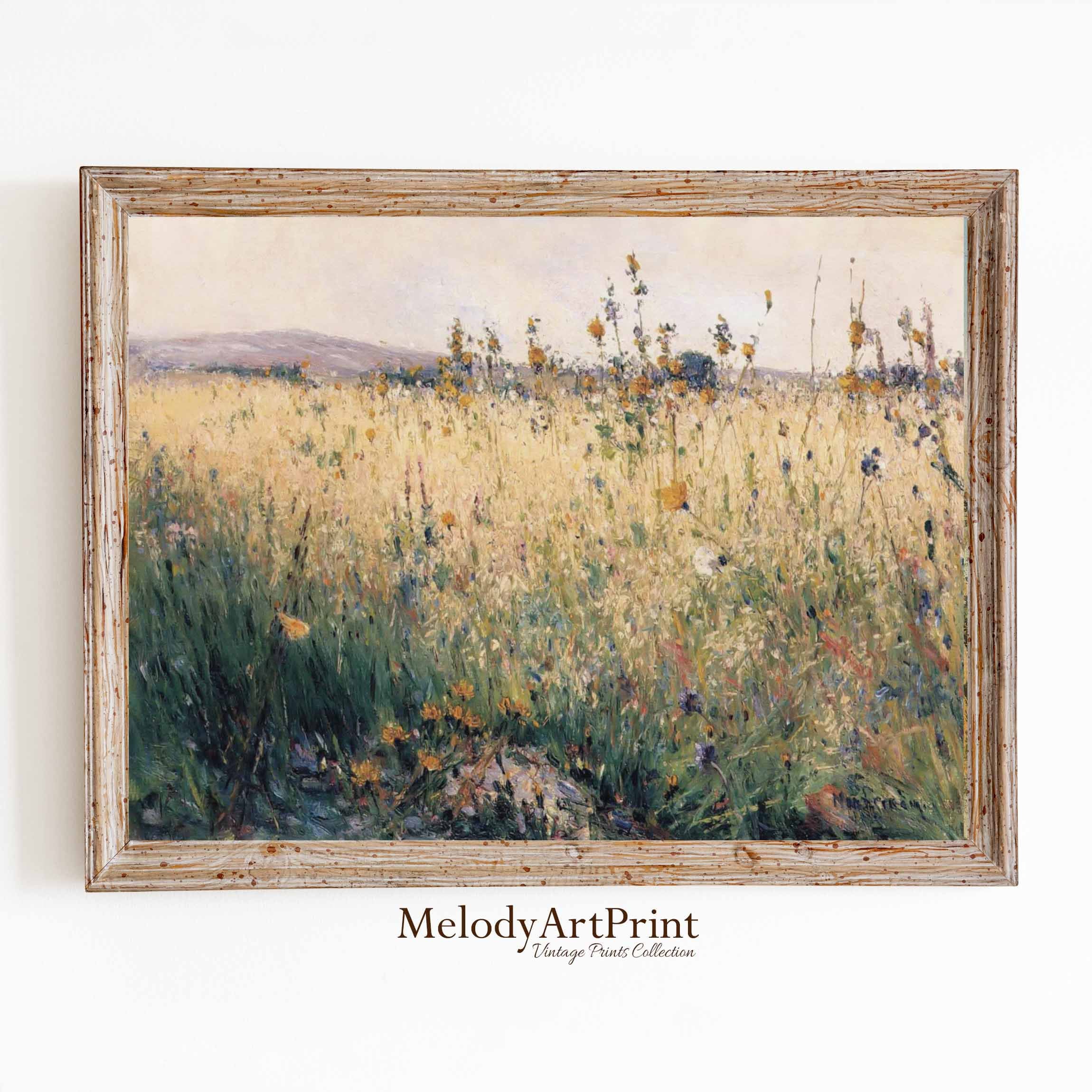 野生の花畑のヴィンテージ風景画、田舎の草原アート（デジタル