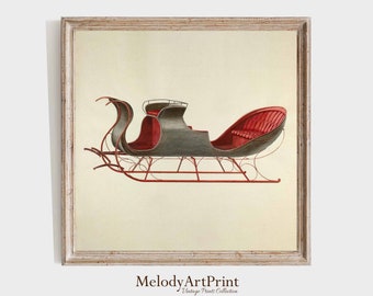May include: A vintage illustration of a red and gray sleigh with a black frame. The sleigh is on a cream background.