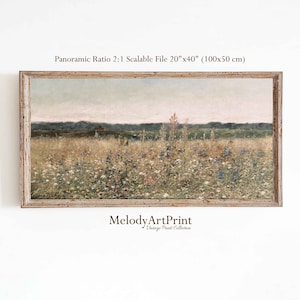 Wildflower Print Wall Art Long Painting Print | Panoramic Above Bed Wall Art | Vintage Landscape Print Long Wall Art | Earth Tone Wall Art