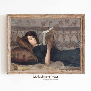Vintage Portrait Woman Reading, Interior Scene, Print of Antique Oil Painting, Printable Wall Art