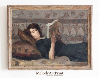 Vintage Portrait Woman Reading, Interior Scene, Print of Antique Oil Painting, Printable Wall Art