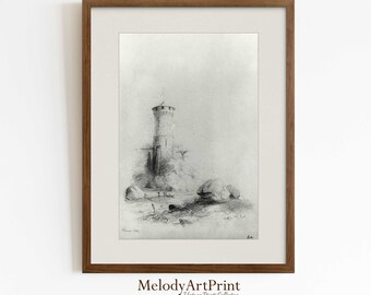 Vintage Lighthouse Sketch Art Print, Coastal Farmhouse Decor (Digital Printable)