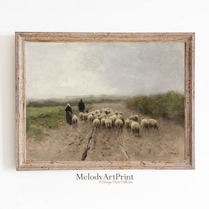 Vintage Sheep Painting: Farmhouse Landscape Art Print (Digital Download)