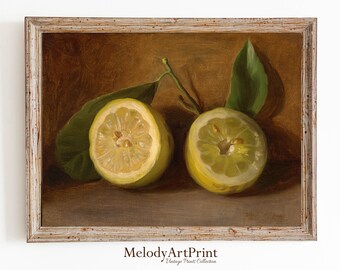 Vintage Lemon Print, Farmhouse Kitchen Print, Lemon Still Life Painting, Printable Lemon Wall Art, French Country Art, Lemon Fruit Painting